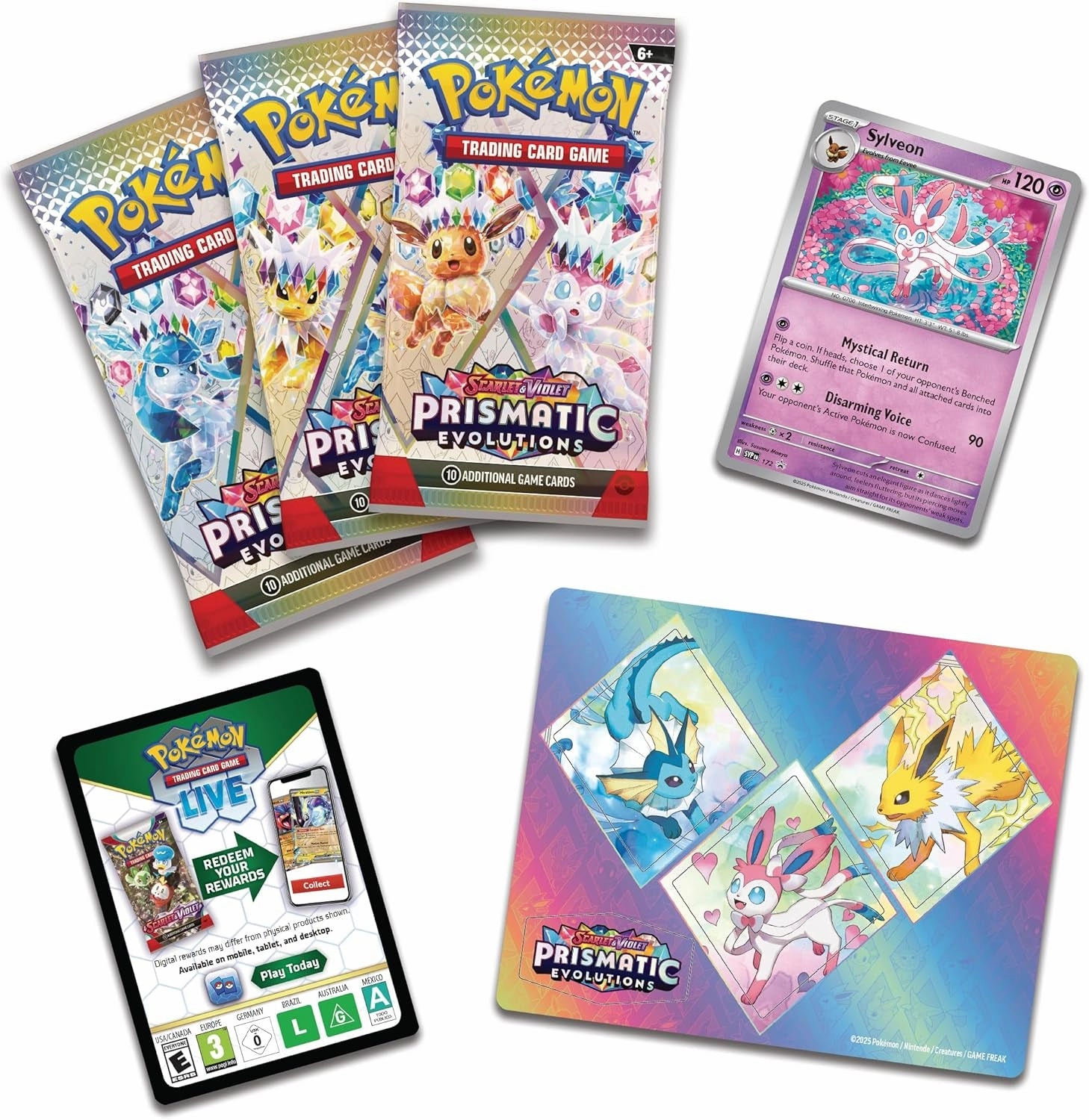 TCG: Scarlet & Violet—Prismatic Evolutions Tech Sticker Collection – Sylveon (1 Foil Promo Card & 3 Booster Packs)