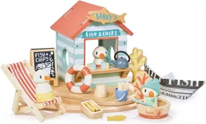 Tender Leaf Toys - Sandy’s Beach Hut - Wooden Toy Seagull Family with Fish and Chips Beach Hut and Accessories - Imaginative Play Set - Develop Creative Storytelling - Fine Motor Skills - Age 3 