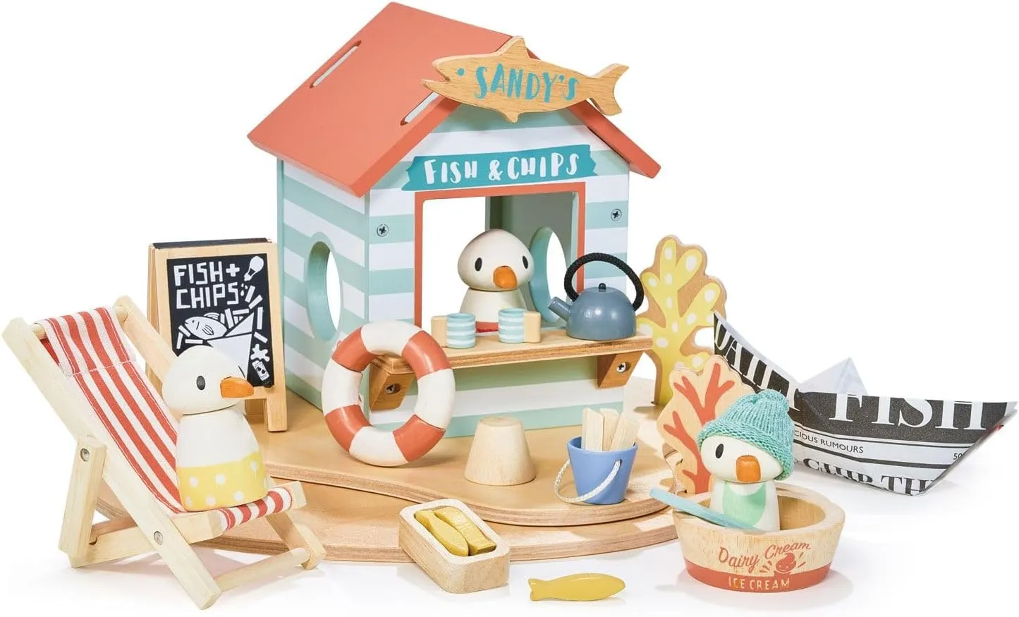 Tender Leaf Toys - Sandy’s Beach Hut - Wooden Toy Seagull Family with Fish and Chips Beach Hut and Accessories - Imaginative Play Set - Develop Creative Storytelling - Fine Motor Skills - Age 3 