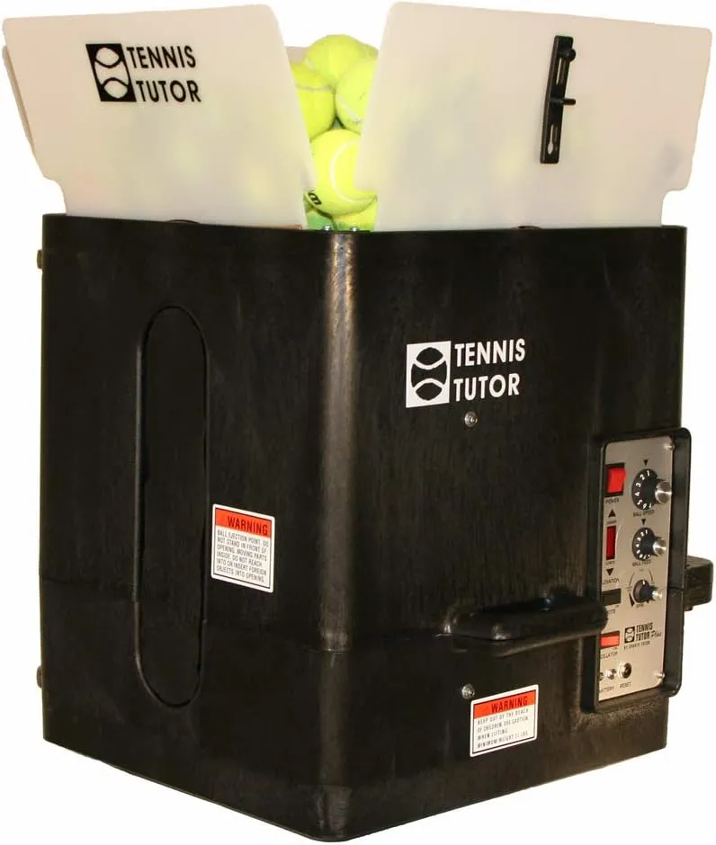 Tennis Tutor Plus Player with Multi-Function Remote. Variable TOPSPIN and Backspin. Includes Patented 'Player Mode' That simulates a Real Player. Made in USA by #1 Tennis Machine Company.