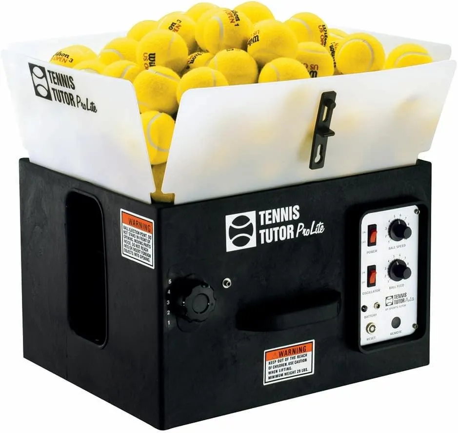 Tennis Tutor Prolite with Built-in Oscillator and Remote. Made in USA by #1 Tennis Machine Company.