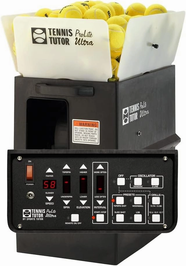 Tennis Tutor Prolite Ultra with with Multi-Function Remote. Includes Popular Preset Shots and Drills. Made in USA by #1 Tennis Machine Company.