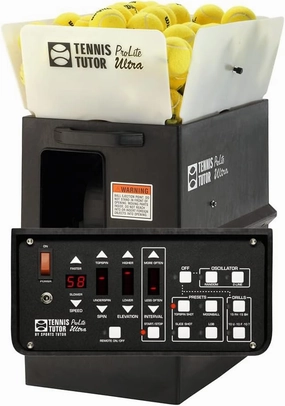 Tennis Tutor Prolite Ultra with with Multi-Function Remote. Includes Popular Preset Shots and Drills. Made in USA by #1 Tennis Machine Company.