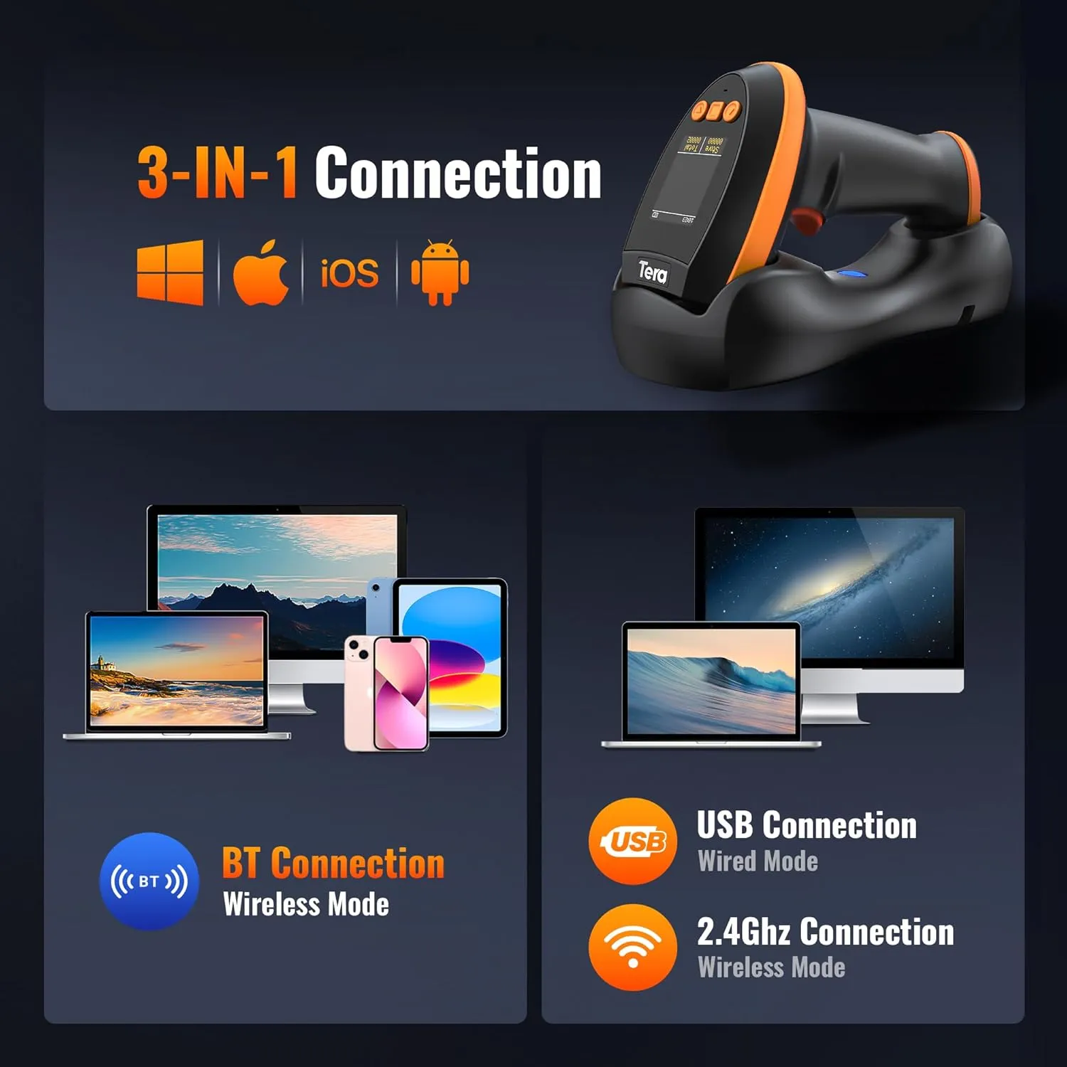 Tera Barcode Scanner Wireless with Screen: Pro Version 1D 2D QR with Setting Keypad Charging Cradle Works with Bluetooth 2.4G Wireless USB Wired Handheld Bar Code Reader HW0009