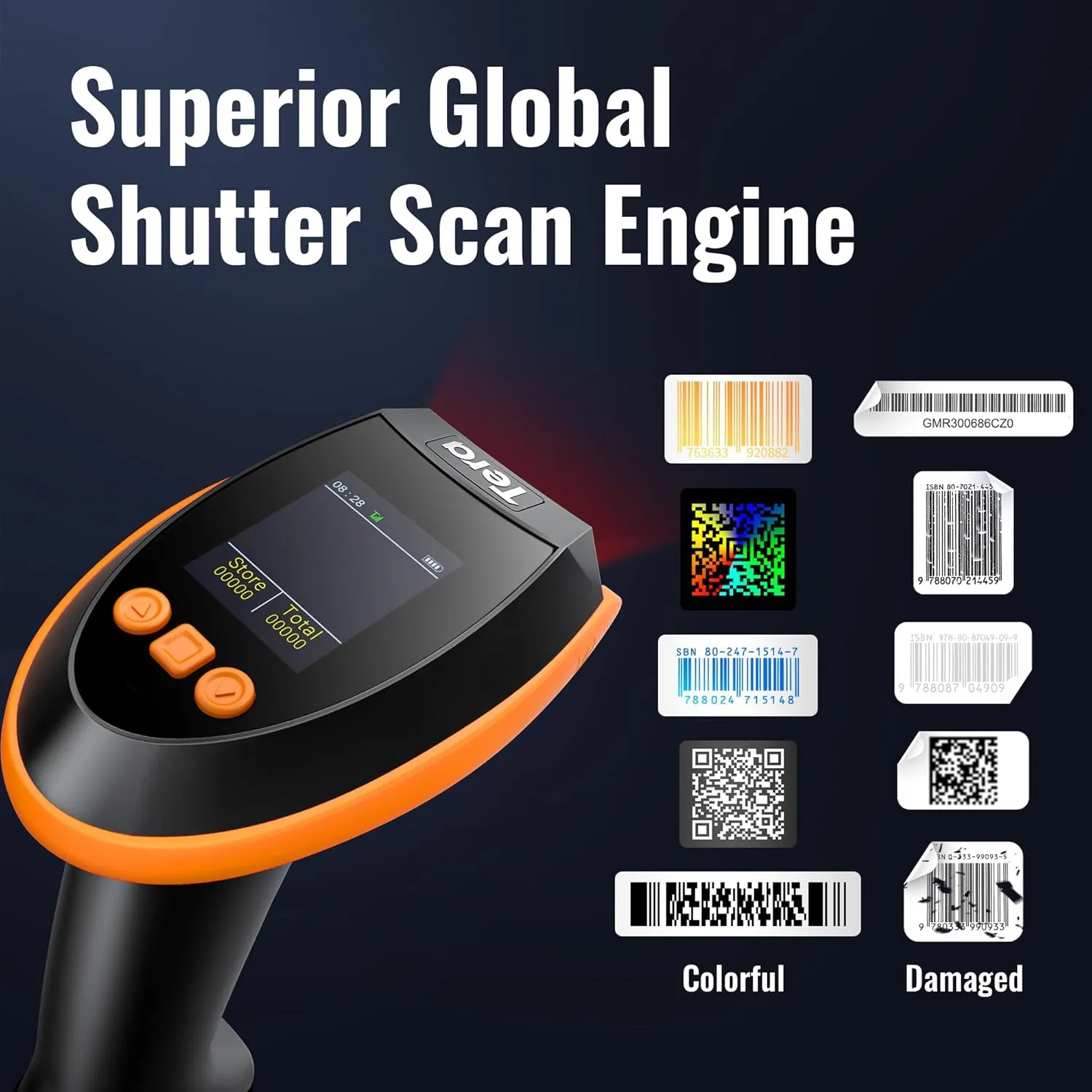 Tera Barcode Scanner Wireless with Screen: Pro Version 1D 2D QR with Setting Keypad Charging Cradle Works with Bluetooth 2.4G Wireless USB Wired Handheld Bar Code Reader HW0009