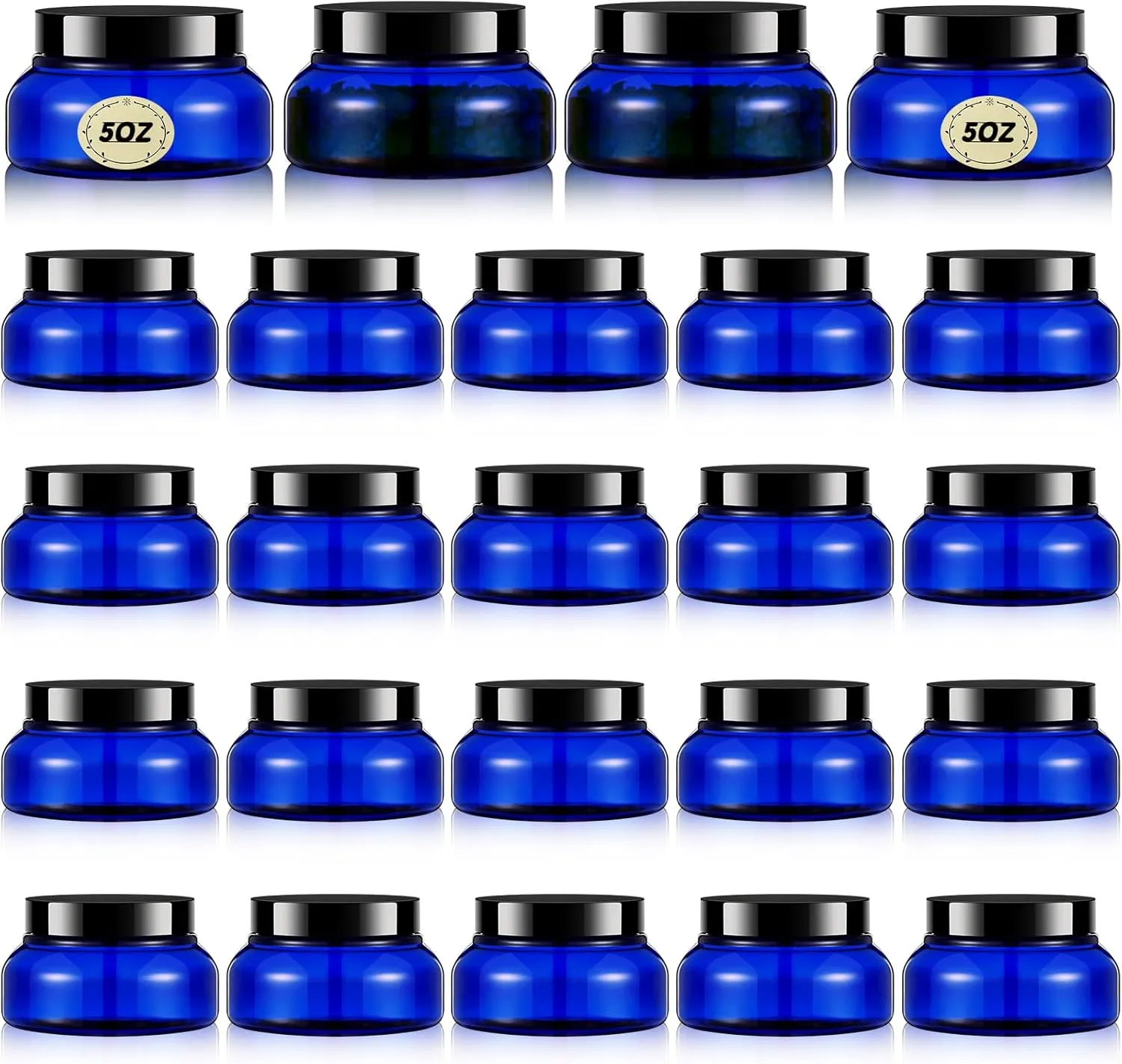 Tessco 24 Pack Plastic Jars with Lids Labels Empty Clear Plastic Jars Round Refillable Cosmetic Containers Body Butter Containers Bulk Sugar Scrub Bottle for Make Up(5 oz,Translucent Blue and Black)