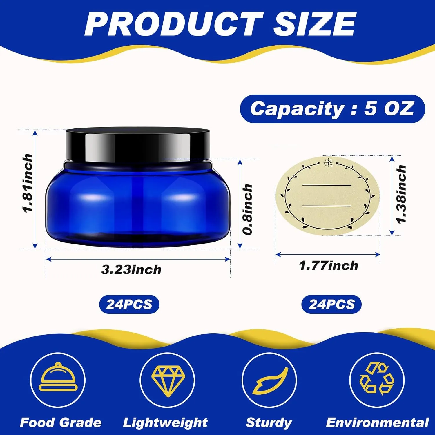 Tessco 24 Pack Plastic Jars with Lids Labels Empty Clear Plastic Jars Round Refillable Cosmetic Containers Body Butter Containers Bulk Sugar Scrub Bottle for Make Up(5 oz,Translucent Blue and Black)