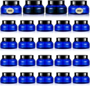 Tessco 24 Pack Plastic Jars with Lids Labels Empty Clear Plastic Jars Round Refillable Cosmetic Containers Body Butter Containers Bulk Sugar Scrub Bottle for Make Up(5 oz,Translucent Blue and Black)