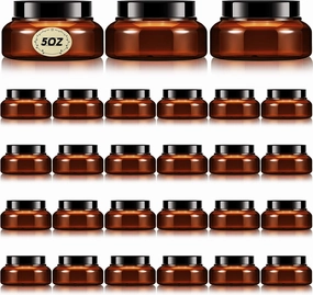 Tessco 24 Pack Plastic Jars with Lids Labels Empty Clear Plastic Jars Round Refillable Cosmetic Containers Body Butter Containers Bulk Sugar Scrub Bottle for Make Up(5 oz,Brown)