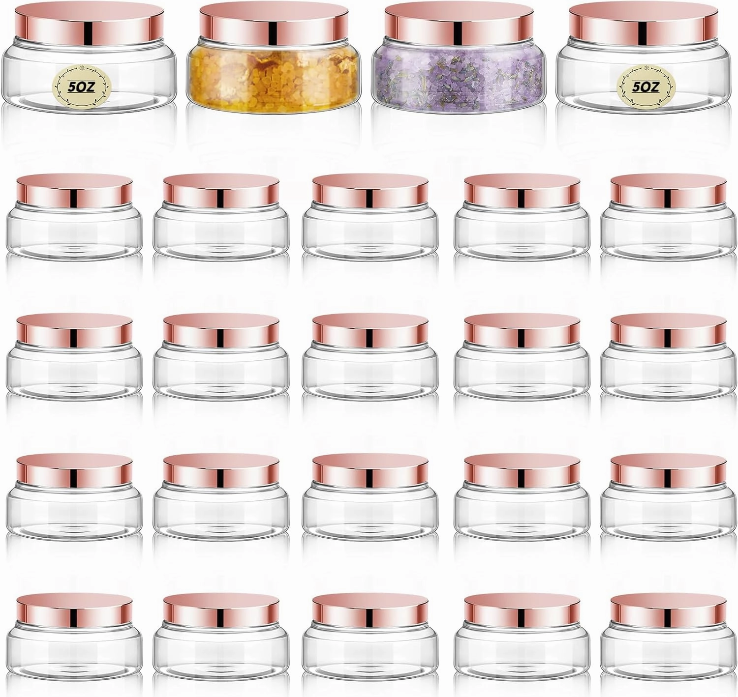Tessco 24 Pack Plastic Jars with Lids Labels Empty Clear Plastic Jars Round Refillable Cosmetic Containers Body Butter Containers Bulk Sugar Scrub Bottle for Make Up(5 oz,Clear, Rose Gold)
