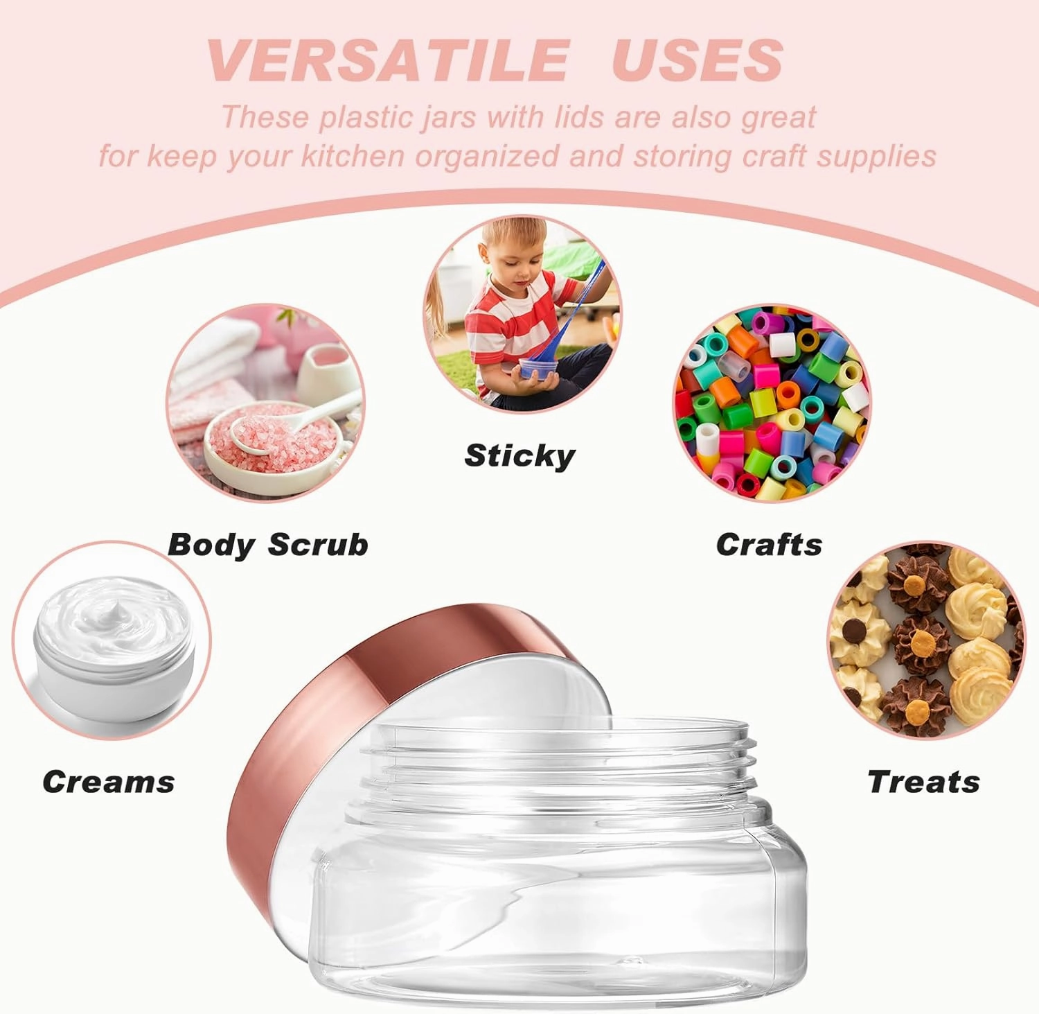 Tessco 24 Pack Plastic Jars with Lids Labels Empty Clear Plastic Jars Round Refillable Cosmetic Containers Body Butter Containers Bulk Sugar Scrub Bottle for Make Up(5 oz,Clear, Rose Gold)