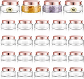 Tessco 24 Pack Plastic Jars with Lids Labels Empty Clear Plastic Jars Round Refillable Cosmetic Containers Body Butter Containers Bulk Sugar Scrub Bottle for Make Up(5 oz,Clear, Rose Gold)