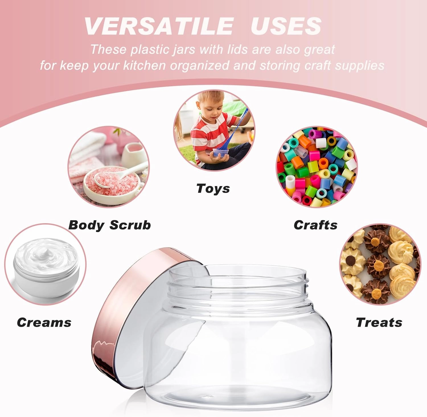 Tessco 24 Pack Plastic Jars with Lids Labels Empty Clear Plastic Jars Round Refillable Cosmetic Containers Body Butter Containers Bulk Sugar Scrub Bottle for Make Up(8 oz,Rose Gold)