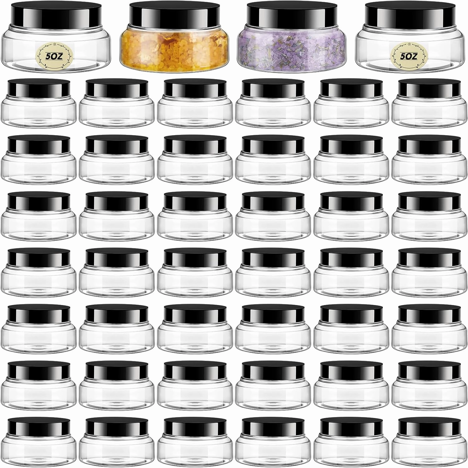 Tessco 48 Pcs Plastic Jars with Lids and Labels Body Scrub Jars Round Refillable Cosmetic Containers Empty Butter Travel Containers for Sugar Scrub Lotions Cosmetics Cream (5 oz,Clear)