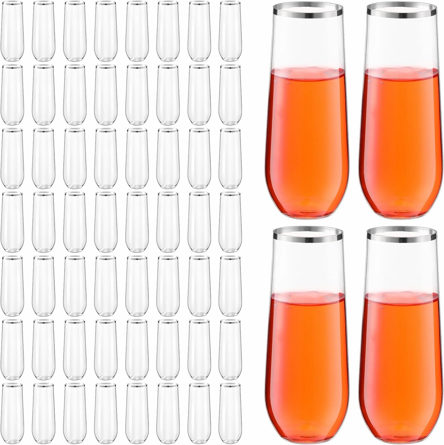Tessco 60 Pcs Plastic Champagne Flutes 9 oz Plastic Wine Glasses Champagne Cups Unbreakable Toasting Glasses for Drinking Cocktail Christmas Party Wedding Shower Birthday (Silver Rim)