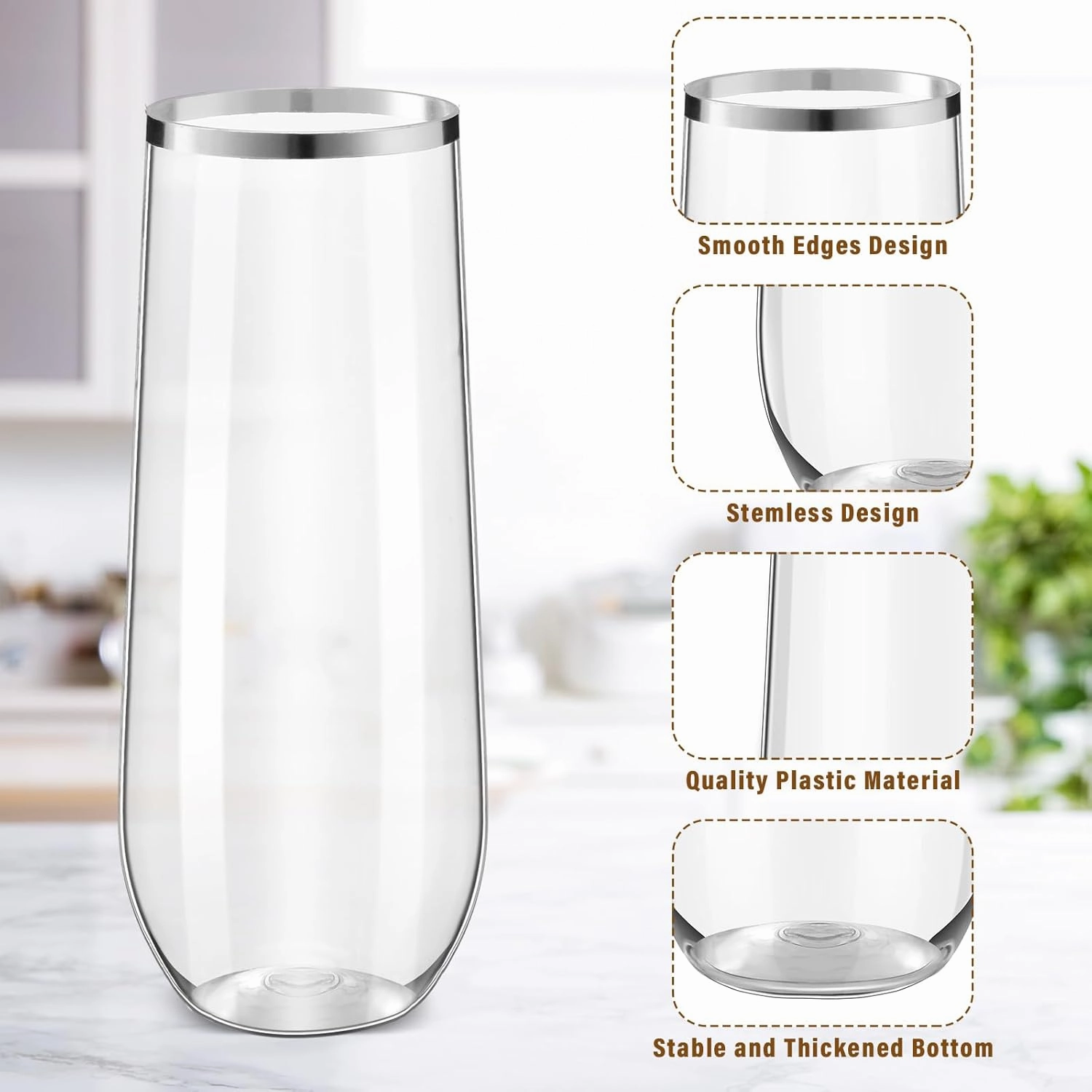 Tessco 60 Pcs Plastic Champagne Flutes 9 oz Plastic Wine Glasses Champagne Cups Unbreakable Toasting Glasses for Drinking Cocktail Christmas Party Wedding Shower Birthday (Silver Rim)