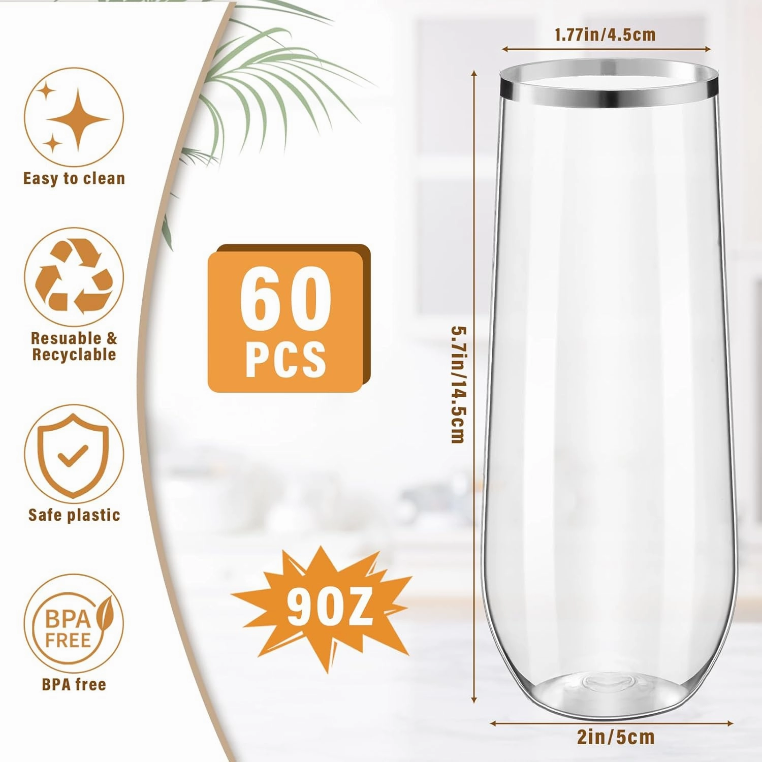 Tessco 60 Pcs Plastic Champagne Flutes 9 oz Plastic Wine Glasses Champagne Cups Unbreakable Toasting Glasses for Drinking Cocktail Christmas Party Wedding Shower Birthday (Silver Rim)