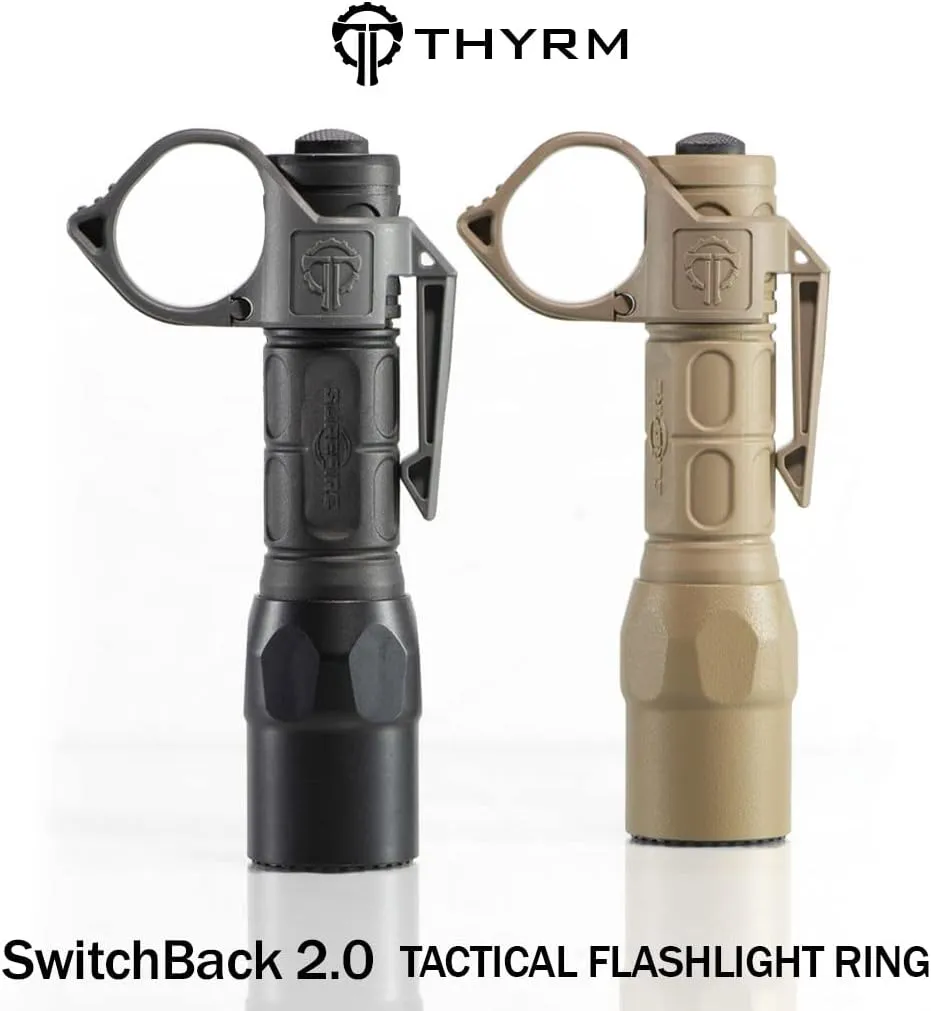 Thyrm Switchback Large 2.0 Flashlight Ring (Non-Dual Fuel Version) Finger Release Ring with Pocket Clip for Many 1-inch Diameter Lights, Made in USA
