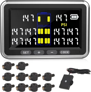 Tire Pressure Monitoring System, Truck TPMS RV Trailer tpms 0-199psi with 10 Flow Thru Sensors 4.5-inch Color Screen, 6 Alarm Modes, Long-Distance Sensing, for Trucks, Motor Home (10 Sensors)