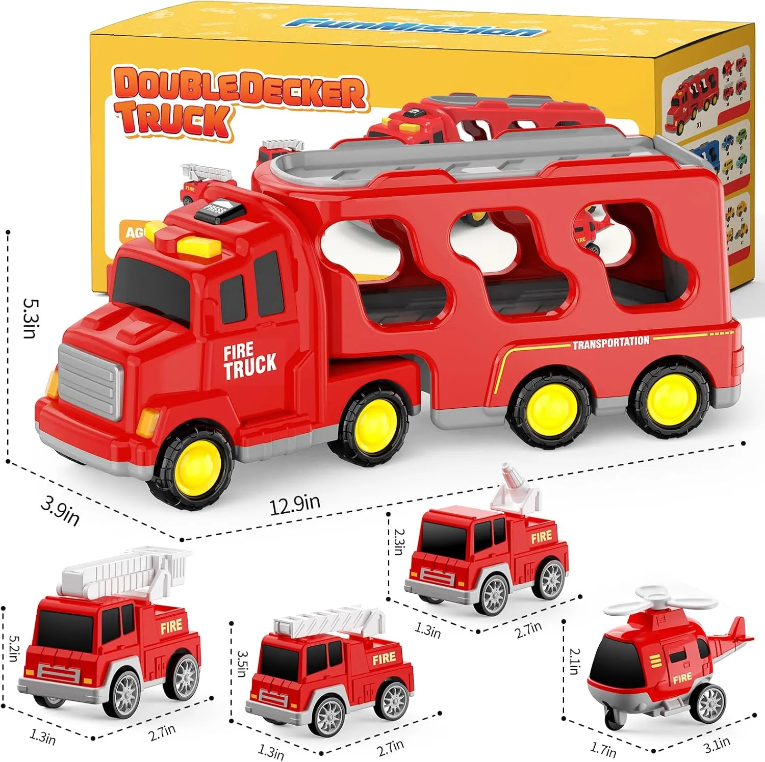 Toddlers Fire Truck for Kids 3-9 Year Old，5 in 1 Friction Power Vehicle Car for 3 4 5 6 7 Years Old Boys Girls，Carrier Truck Transport Toys for Christmas and Birthday Gifts
