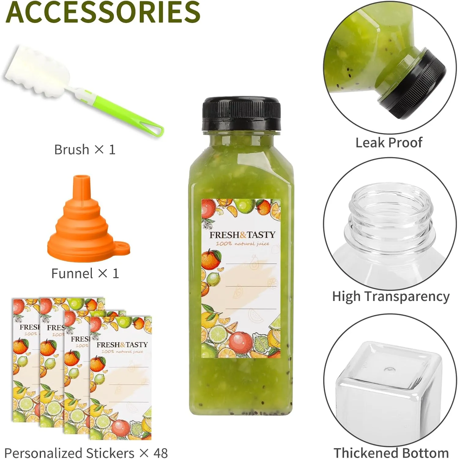 TOMNK 45pcs Juice Bottles, 12oz Reusable Juice Bottles with Caps and Labels, Funnel, Brush Beverage Containers for Juicing, Smoothies, Tea, Milk