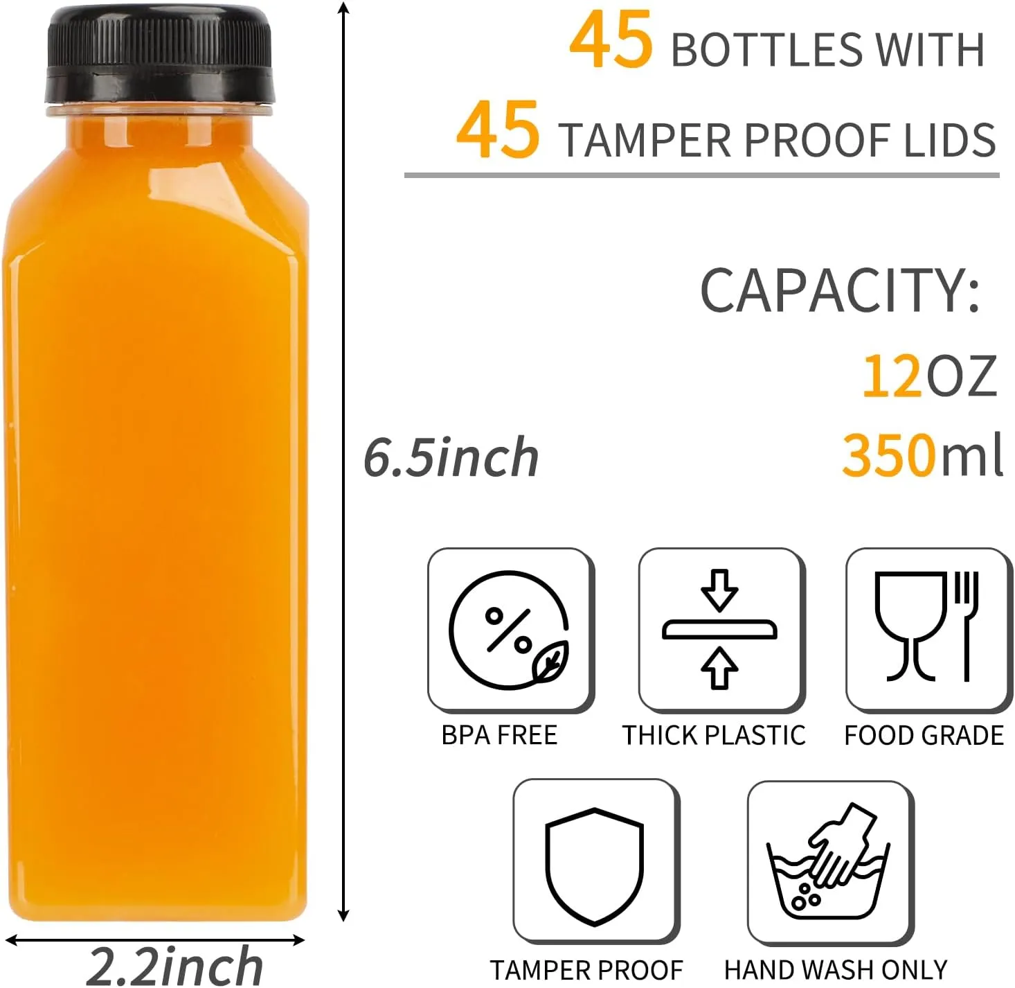 TOMNK 45pcs Juice Bottles, 12oz Reusable Juice Bottles with Caps and Labels, Funnel, Brush Beverage Containers for Juicing, Smoothies, Tea, Milk