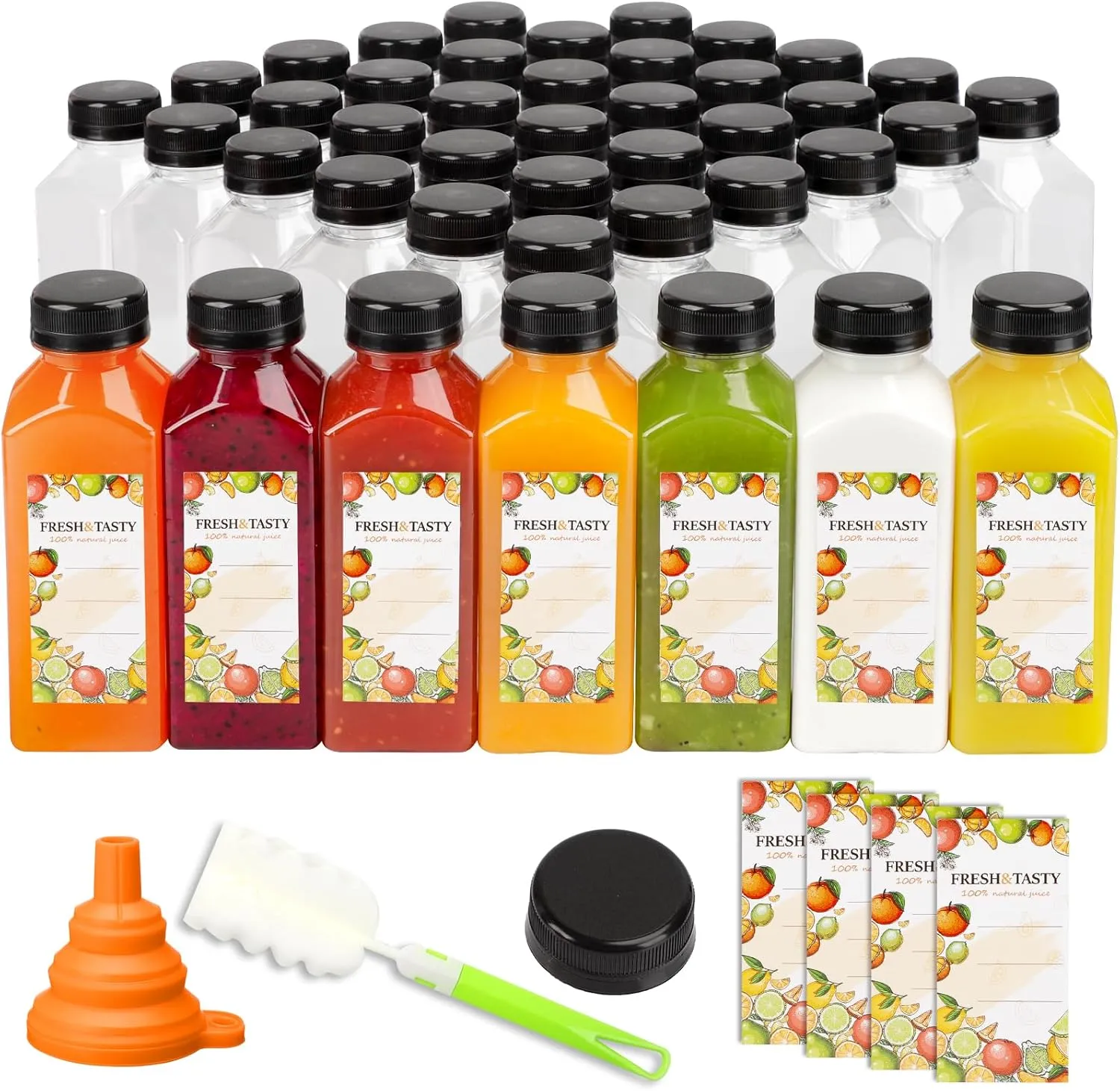 TOMNK 45pcs Juice Bottles, 12oz Reusable Juice Bottles with Caps and Labels, Funnel, Brush Beverage Containers for Juicing, Smoothies, Tea, Milk