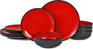 TP 12-Piece Dinnerware Set, Melamine Dishes Set with Bowls and Plates, Non-breakable Lightweight Dinner Service for 4, Red & Black