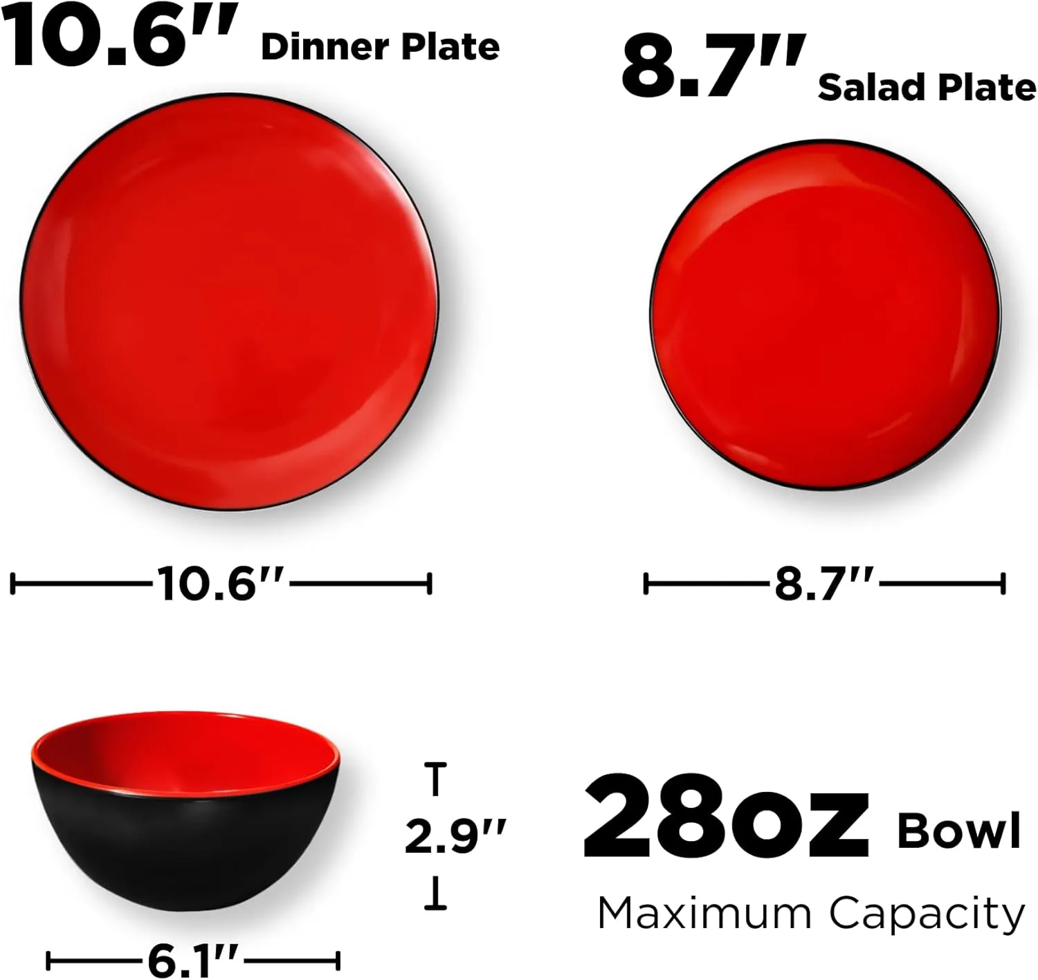 TP 12-Piece Dinnerware Set, Melamine Dishes Set with Bowls and Plates, Non-breakable Lightweight Dinner Service for 4, Red & Black