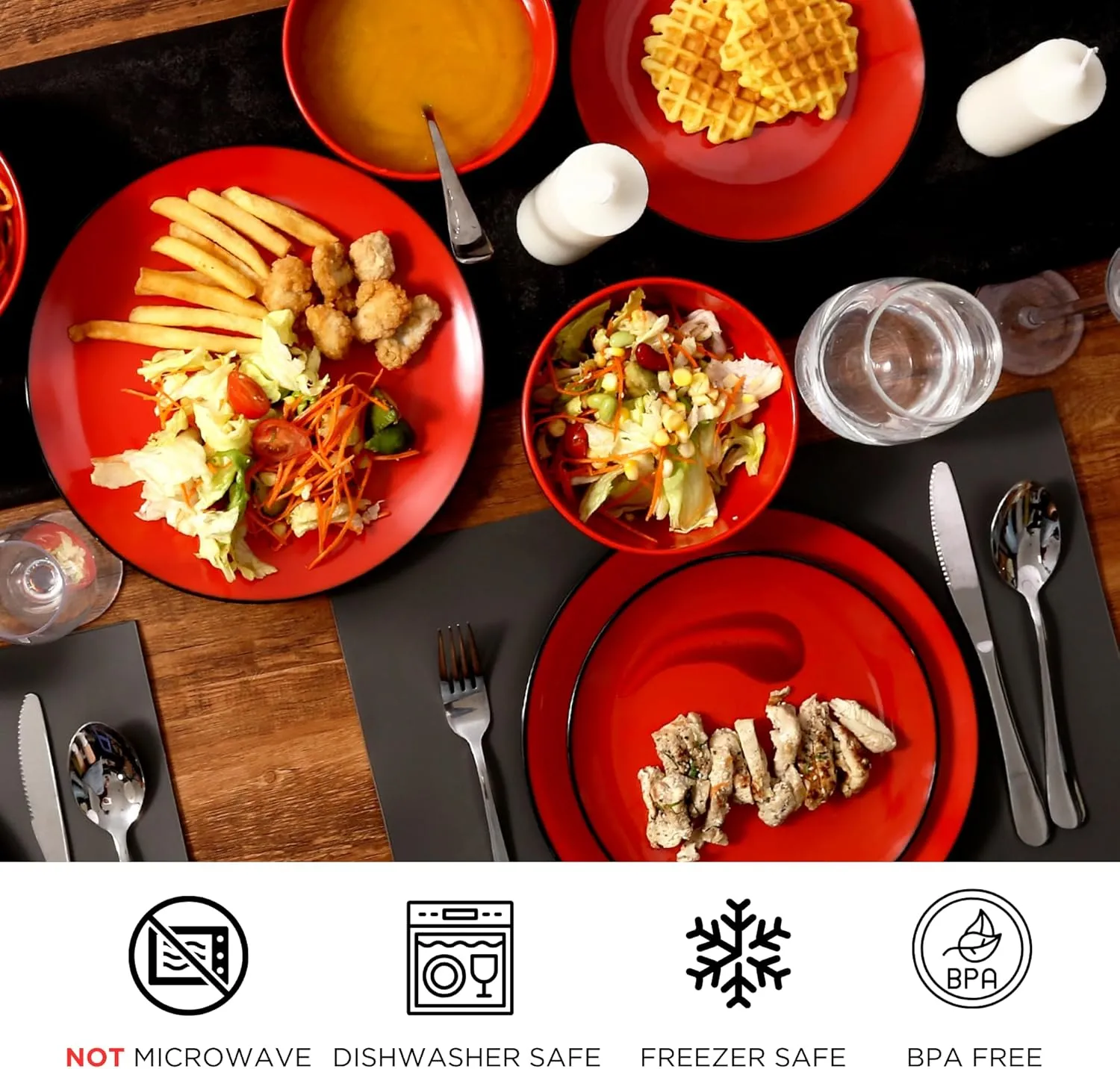 TP 12-Piece Dinnerware Set, Melamine Dishes Set with Bowls and Plates, Non-breakable Lightweight Dinner Service for 4, Red & Black