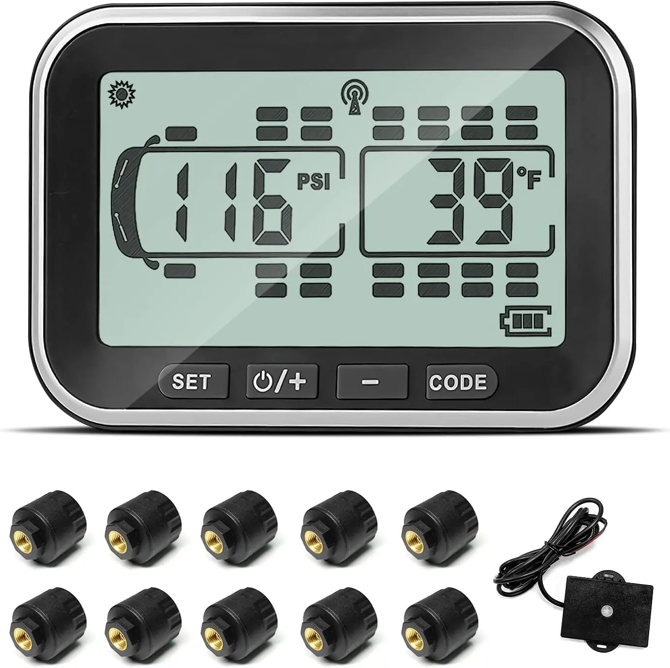 Trailer Tire Pressure Monitoring System, MIRAIDON RV TPMS with 10 Theft Sensors, 5 Alert Modes, Solar Power Wirelss TPMS, 80ft Sensing Distance Tire Pressure Monitor for RVs, Trailers, Heavy Trucks
