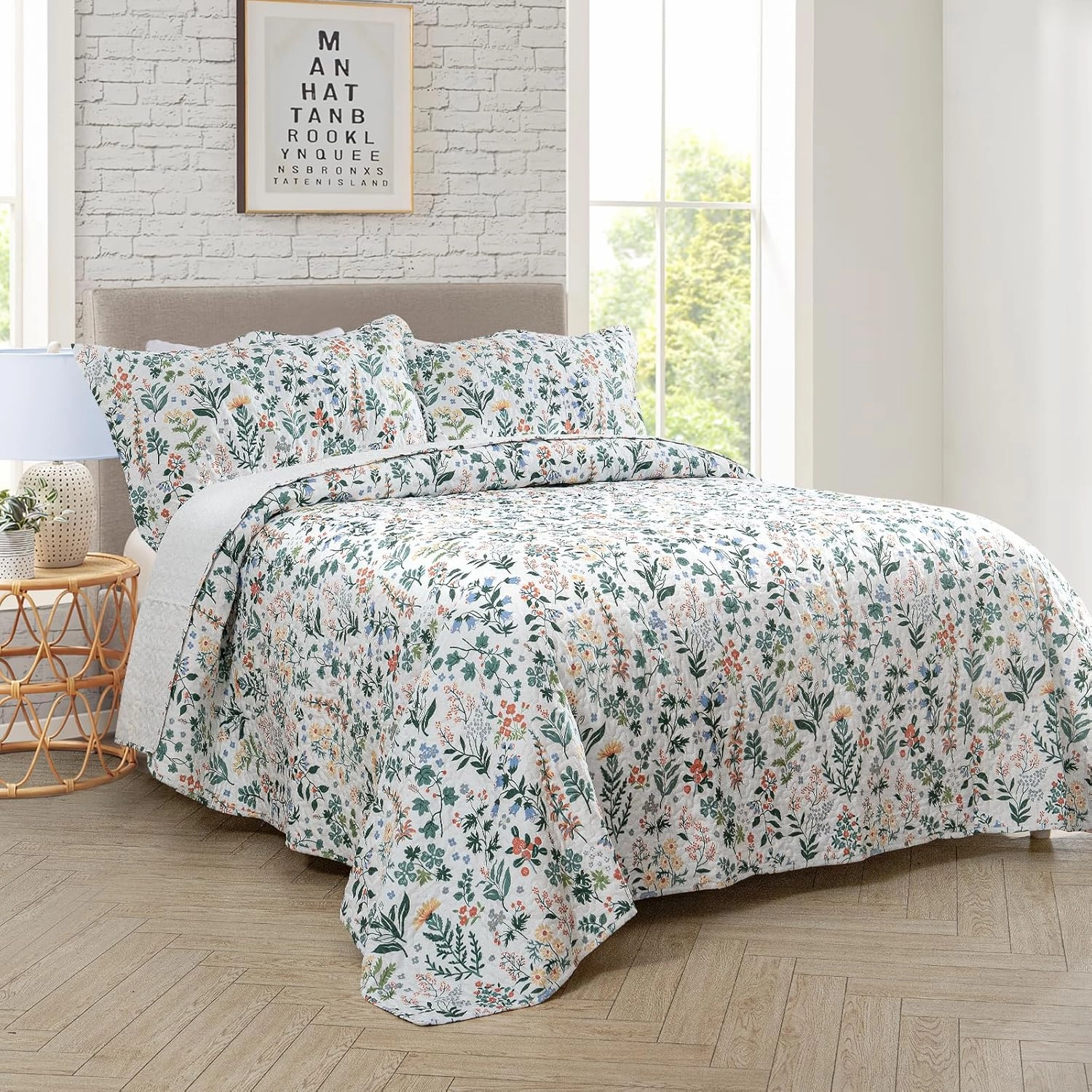 Travan 3-Piece Quilt Set Quilted Bedspread Lightweight Coverlet Set Garden Style Floral Printed Oversized Quilted Bedding Set with Shams for All Season, Exquisite, Queen Size