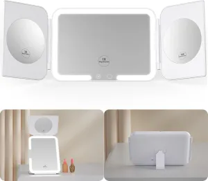 Tri-fold Makeup Mirror with 3 Colored Lights and Touch Control, 1X/3X/10X Magnifying Portable Mirror, 5000mAh Rechargeable LED Mirror for Home, Bathroom and Travel