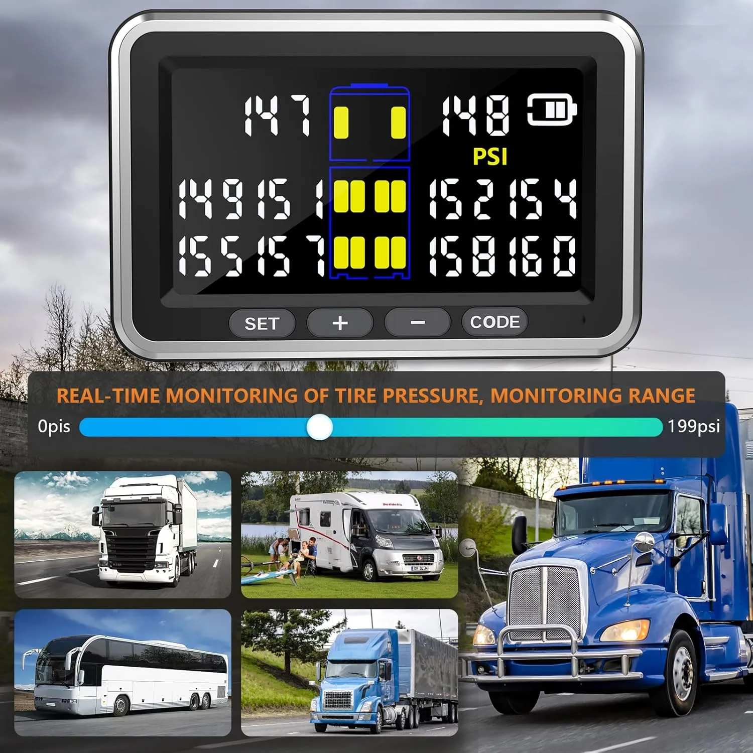 Truck/RV Tire Pressure Monitoring System, (0-199PSI) 4.5-inch Screen TS10 Trailer High Pressure TPMS with 6 Sensors, Color Display 6 Alert Modes, Signal Booster,Fifth Wheel (6 Sensors)