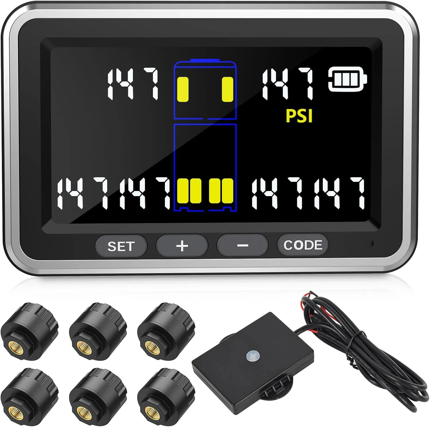 Truck/RV Tire Pressure Monitoring System, (0-199PSI) 4.5-inch Screen TS10 Trailer High Pressure TPMS with 6 Sensors, Color Display 6 Alert Modes, Signal Booster,Fifth Wheel (6 Sensors)