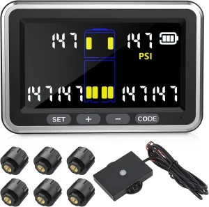 Truck/RV Tire Pressure Monitoring System, (0-199PSI) 4.5-inch Screen TS10 Trailer High Pressure TPMS with 6 Sensors, Color Display 6 Alert Modes, Signal Booster,Fifth Wheel (6 Sensors)
