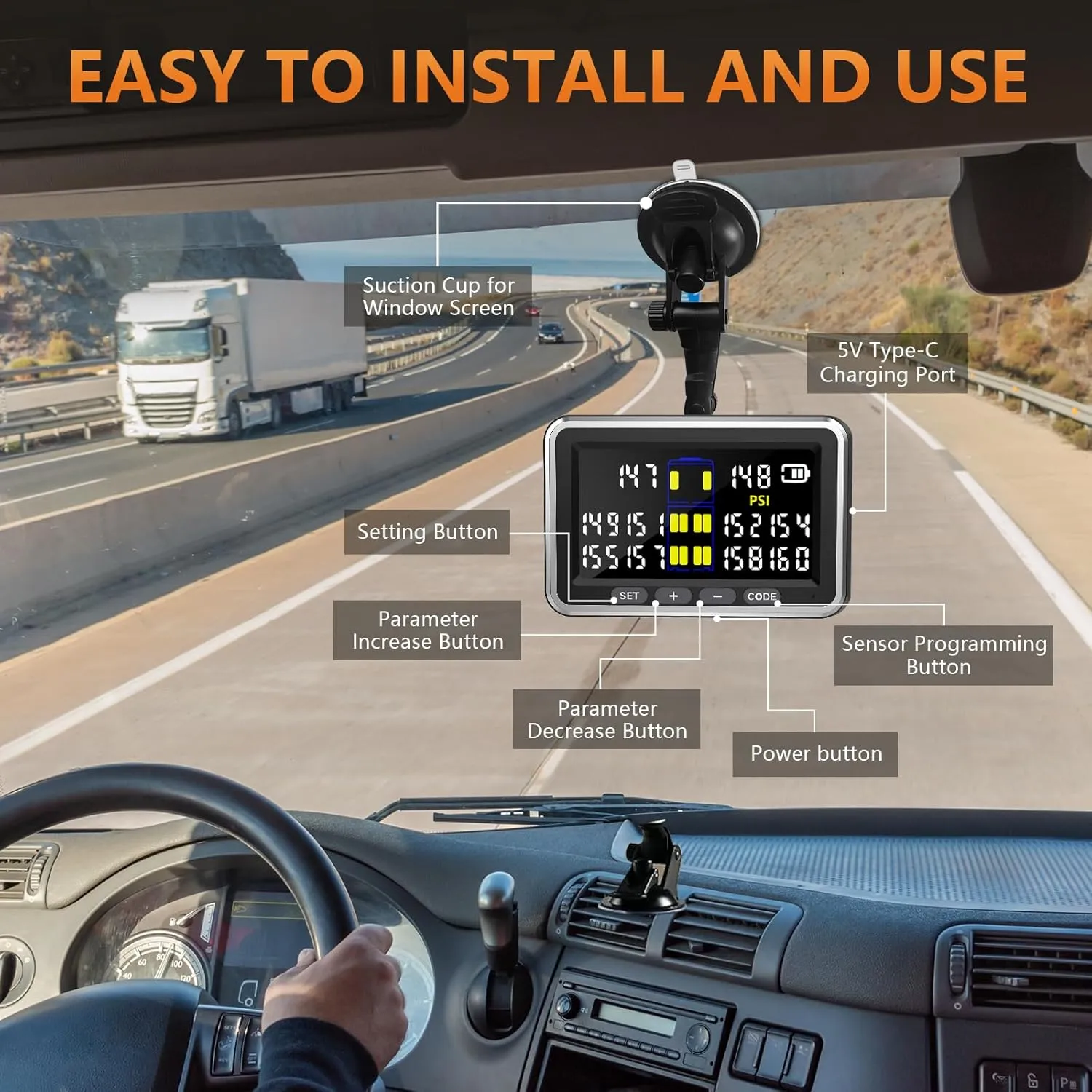 Truck/RV Tire Pressure Monitoring System, (0-199PSI) 4.5-inch Screen TS10 Trailer High Pressure TPMS with 6 Sensors, Color Display 6 Alert Modes, Signal Booster,Fifth Wheel (6 Sensors)