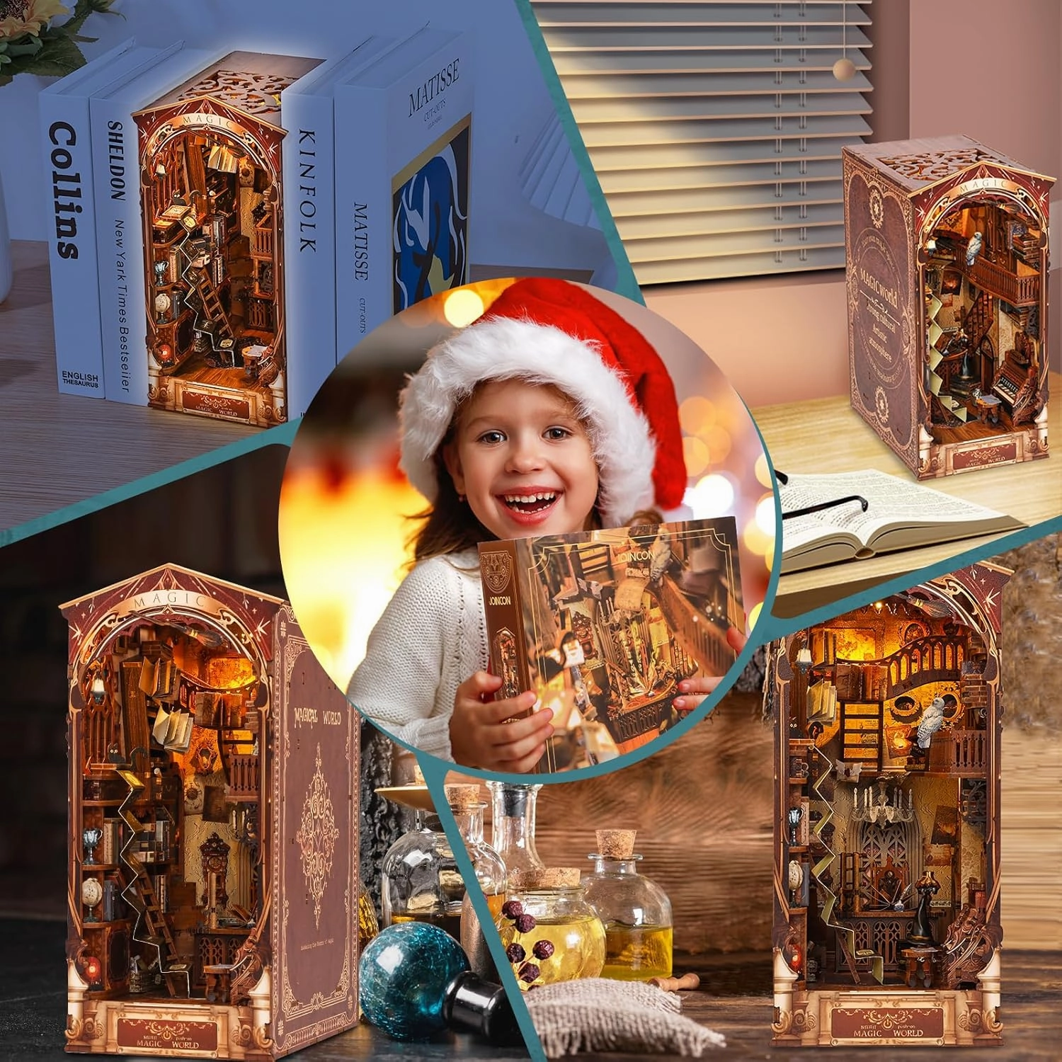 Tzgsonp 3D Wooden Puzzle Bookends, 2025 New DIY Book Nook Kit, Magic Book House Model Building Kit Insert Decor with Sensor Light, Stand Bookshelf for Home Decorative Books Ornaments (Magic World)