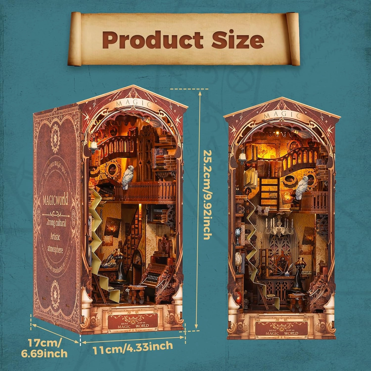Tzgsonp 3D Wooden Puzzle Bookends, 2025 New DIY Book Nook Kit, Magic Book House Model Building Kit Insert Decor with Sensor Light, Stand Bookshelf for Home Decorative Books Ornaments (Magic World)