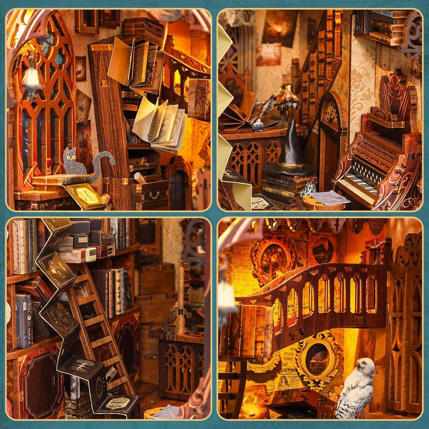 Tzgsonp 3D Wooden Puzzle Bookends, 2025 New DIY Book Nook Kit, Magic Book House Model Building Kit Insert Decor with Sensor Light, Stand Bookshelf for Home Decorative Books Ornaments (Magic World)