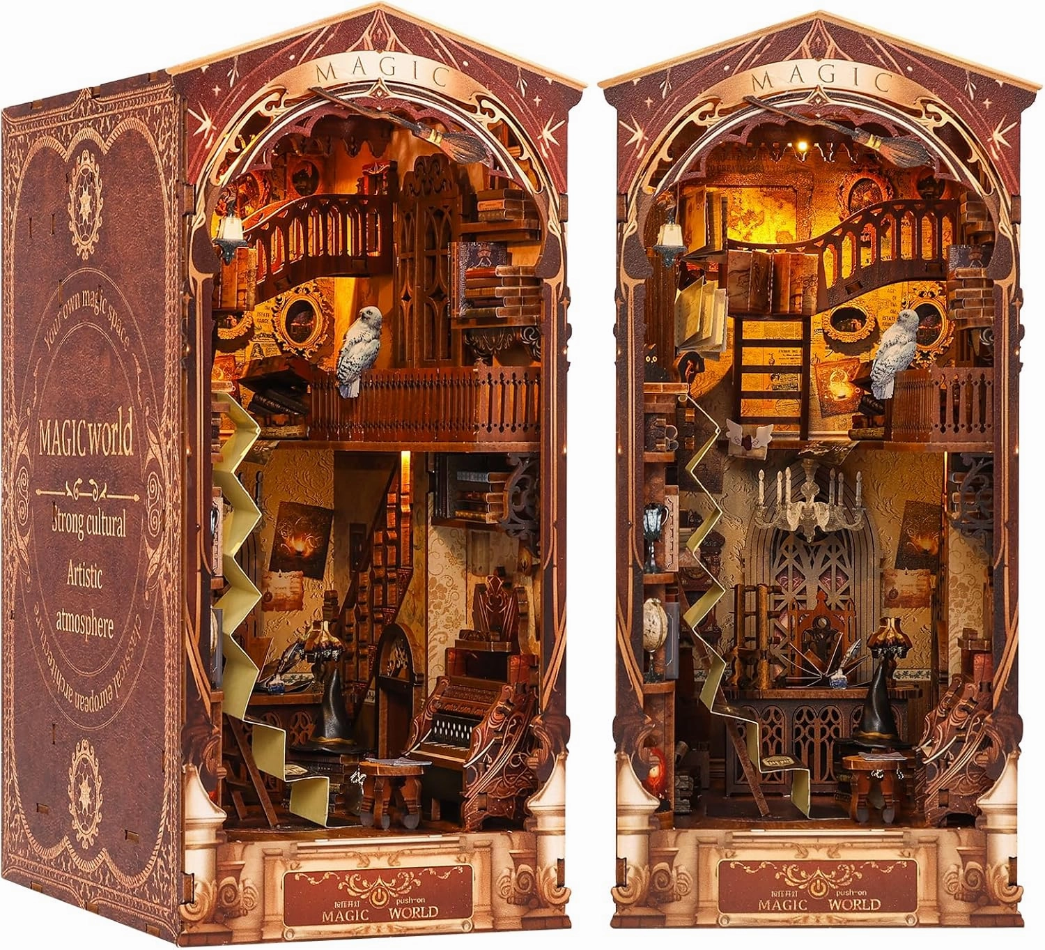 Tzgsonp 3D Wooden Puzzle Bookends, 2025 New DIY Book Nook Kit, Magic Book House Model Building Kit Insert Decor with Sensor Light, Stand Bookshelf for Home Decorative Books Ornaments (Magic World)