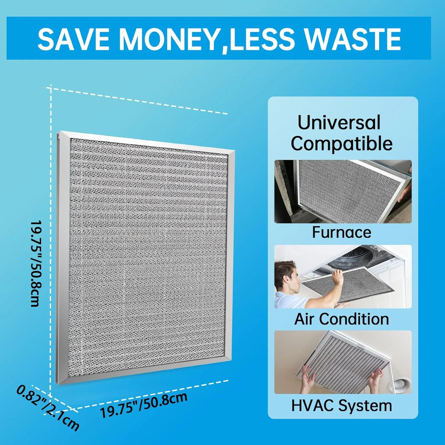 UBeesize 20x20x1 Reusable Air Filter - Washable, MERV 8,Permanent, Electrostatic - Lasts a Lifetime - Enjoy Fresher Air in Home and Office HVAC AC Furnace Systems (Actual Size: 19.75x19.75x0.82 Inch)