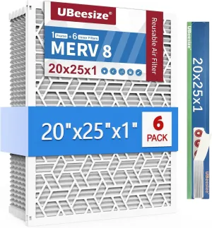 UBeesize 20x25x1 Air Filter(6-Pack),Upgrade AC/HVAC/Furnace Filter,MERV 8,MPR 700,Easy to Close/Open,1xReusable ABS Frame 6xReplaceable Filter(Actual Size: 19.72x24.6x0.87 Inch)