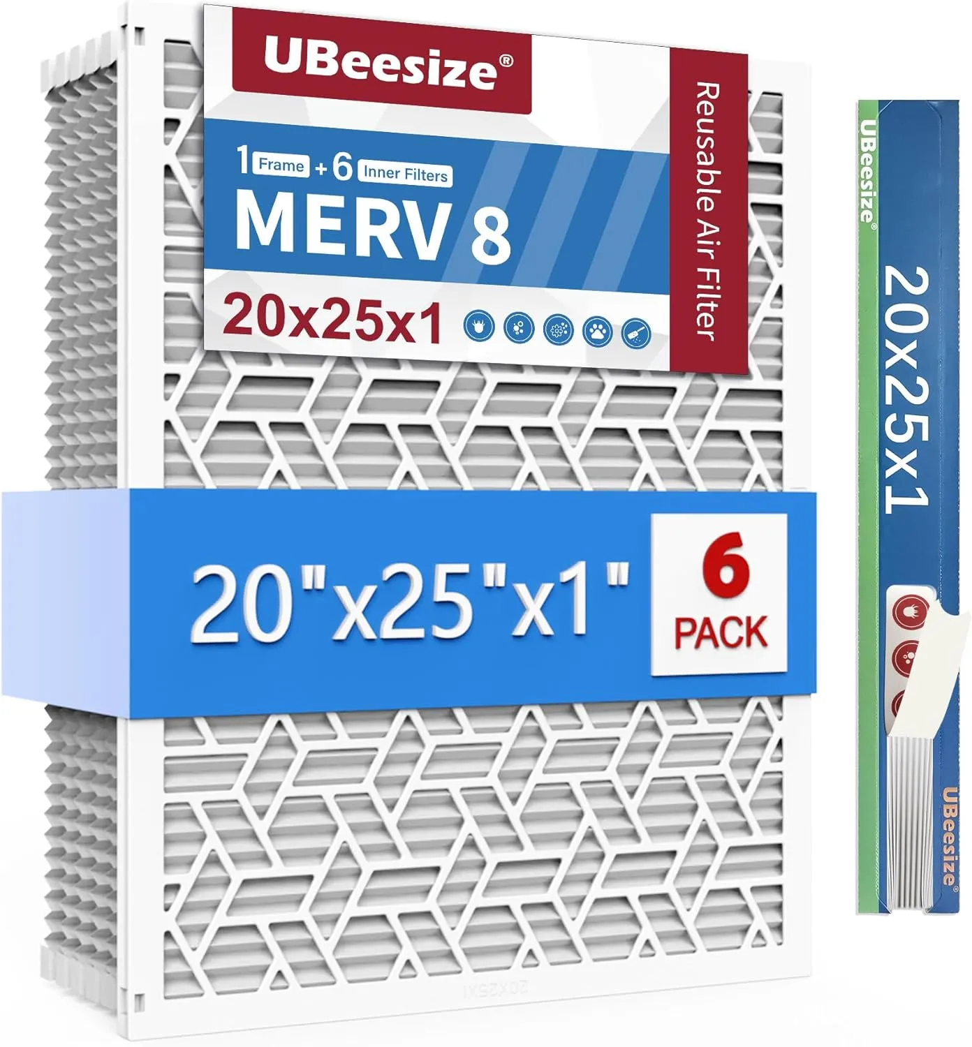 UBeesize 20x25x1 Air Filter(6-Pack),Upgrade AC/HVAC/Furnace Filter,MERV 8,MPR 700,Easy to Close/Open,1xReusable ABS Frame 6xReplaceable Filter(Actual Size: 19.72x24.6x0.87 Inch)