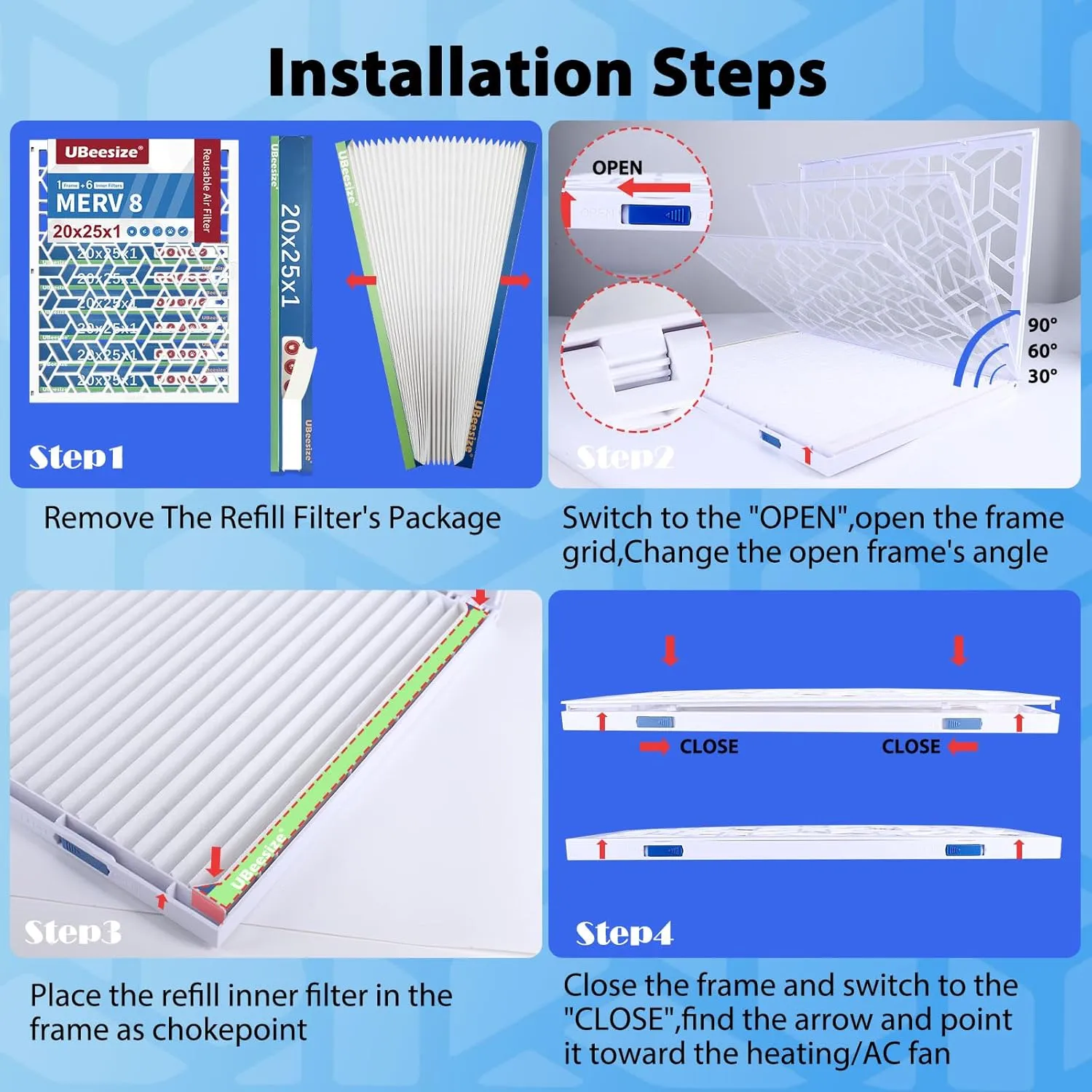 UBeesize 20x25x1 Air Filter(6-Pack),Upgrade AC/HVAC/Furnace Filter,MERV 8,MPR 700,Easy to Close/Open,1xReusable ABS Frame 6xReplaceable Filter(Actual Size: 19.72x24.6x0.87 Inch)