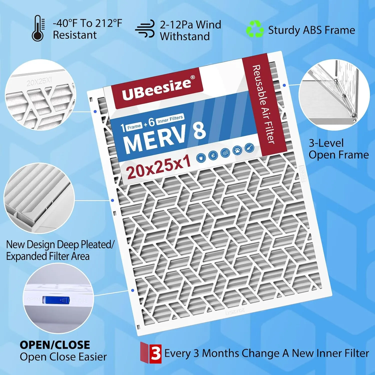 UBeesize 20x25x1 Air Filter(6-Pack),Upgrade AC/HVAC/Furnace Filter,MERV 8,MPR 700,Easy to Close/Open,1xReusable ABS Frame 6xReplaceable Filter(Actual Size: 19.72x24.6x0.87 Inch)