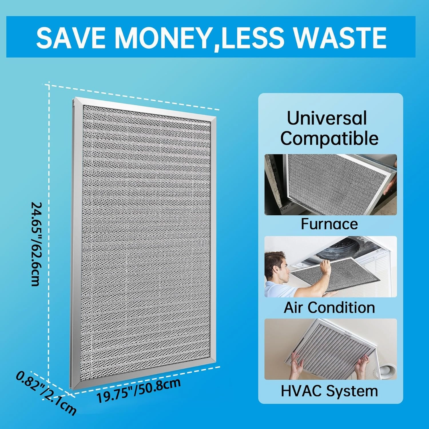 UBeesize 20x25x1 Reusable Electrostatic Air Filter HVAC AC Furnace Filter,MERV 8,Washable, Lasts a Lifetime,Permanent Air Filter,Breathe Fresher,Home And Office(Actual Size:19.75x24.65x0.82 Inch)