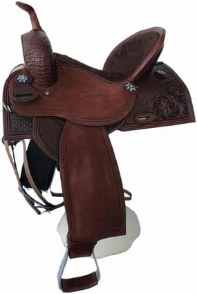 UMRAH International Handmade American Leather Western Barrel Racing Comfort Horse Wooden Tree Horse Saddle Trail Equestrian Tooled Carved Horse Saddle Riding Size: 10-18 inches Seat