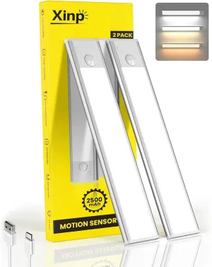 Under Cabinet Lighting, 3 Color Magnetic Motion Activated Under Cabinet Lights, Rechargeable Closet Lights 2500mAh Battery Operated, Wireless Dimmable Under Counter Lights for Kitchen,Hallway 2 Pack