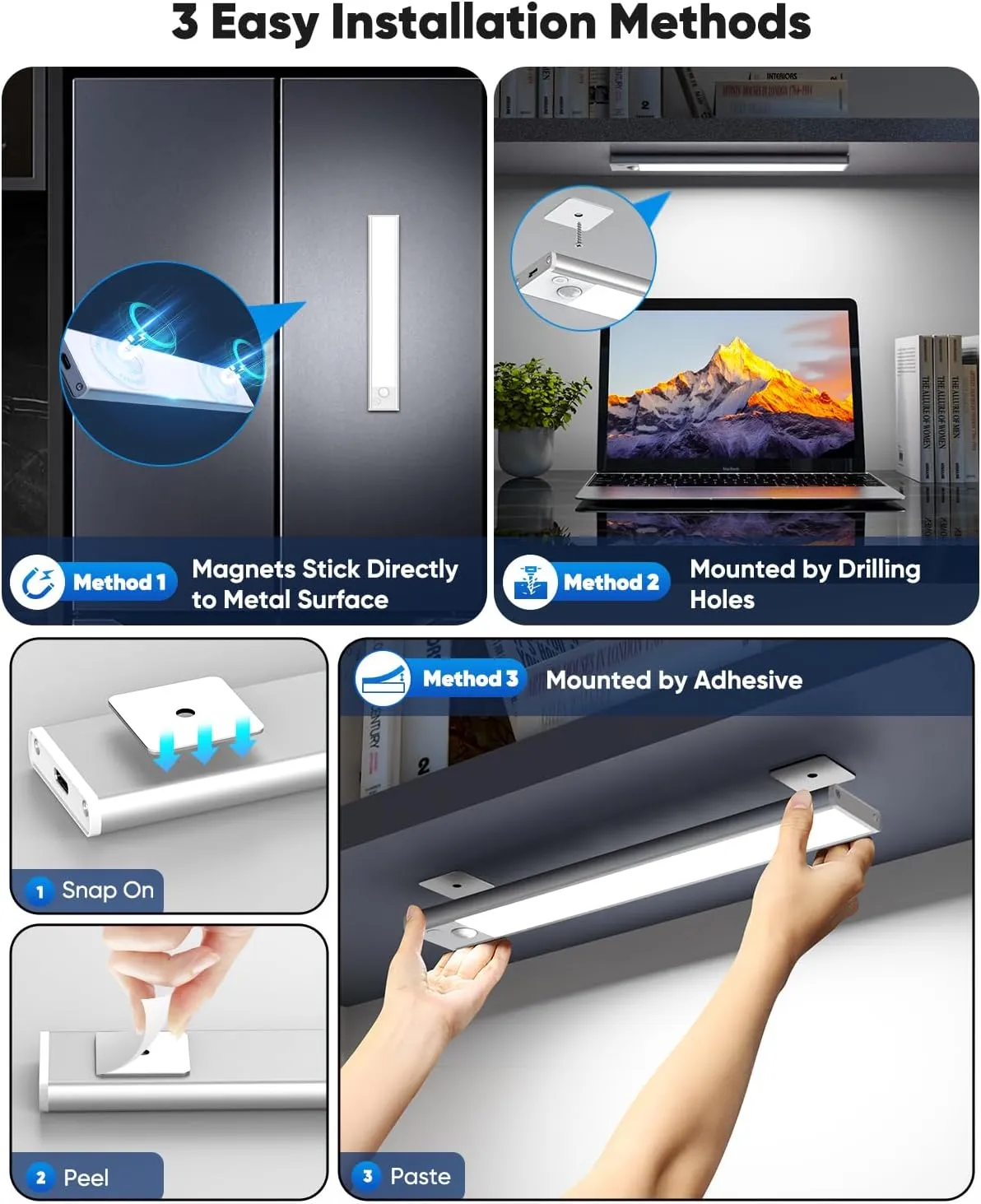 Under Cabinet Lighting, LED Battery Operated Rechargeable Motion Sensor Night Lights Indoor, 2200mAh Magnetic Wireless Closet Light, 6500K Dimmable Under Counter Lights for Kitchen, Stair, 3 Packs